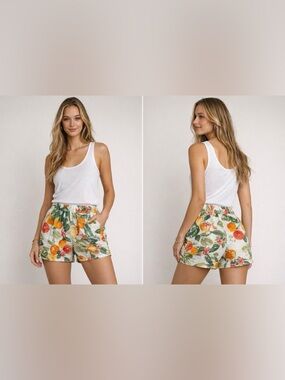 Cynthia Rowley Citrus Linen Blend Shorts M Fruit Print Floral Elastic Waist